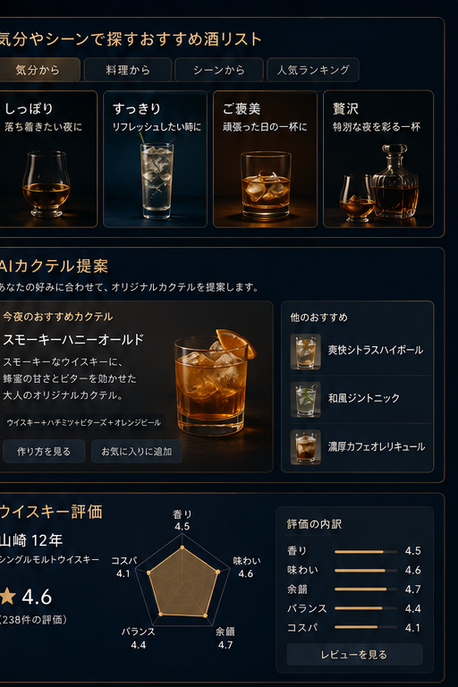 おすすめ酒リストとAIカクテル提案の紹介画像